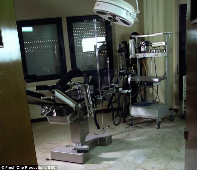 This is the fully-fitted gynecological suite where young girls would be placed in one of the two beds and checked for STDs before they were sent in to the waiting dictator
