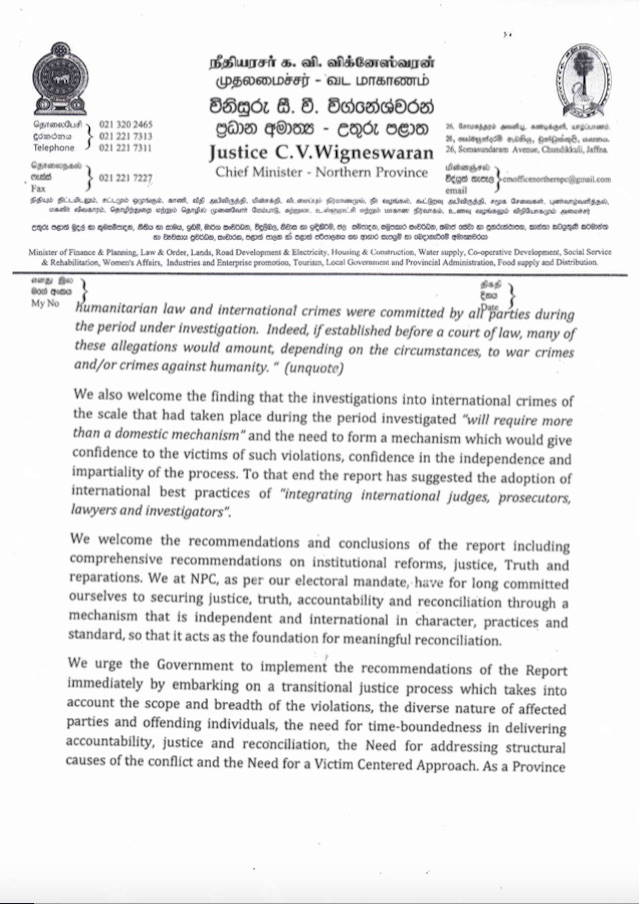 C.V. Wigneswaran on the UN report on war crimes