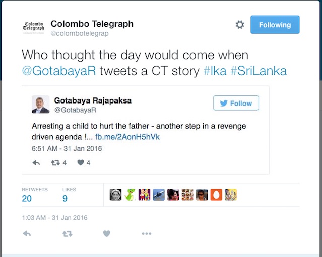 Gotobaya tweeted Colombo Telegraph story