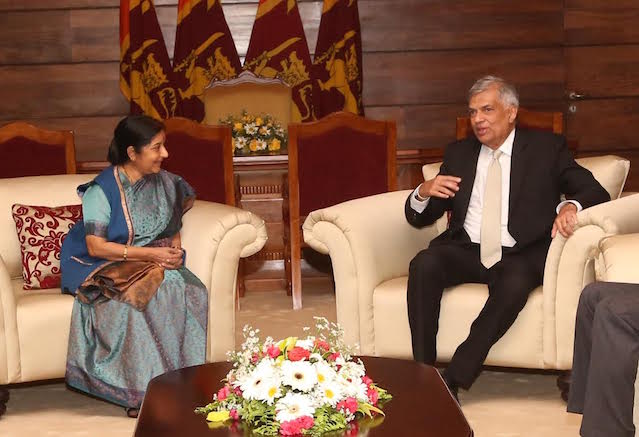 Prime Minister Ranil Wickremesinghe and Indian External Affairs Minister Sushma Swaraj