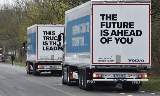 A convoy of driverless trucks